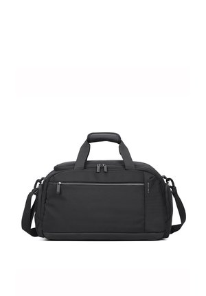 Sac de sport noir avec tissu texturé, poignées supérieures doubles, bandoulière réglable, poche zippée à l'avant et design épuré.