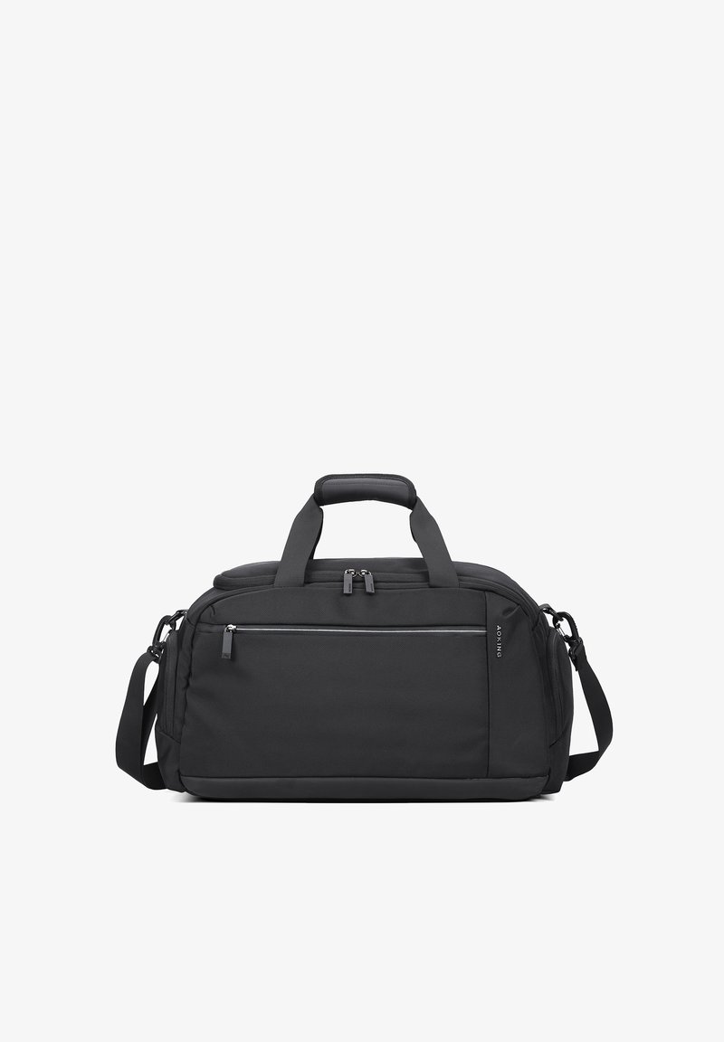 Sac de sport noir avec tissu texturé, poignées supérieures doubles, bandoulière réglable, poche zippée à l'avant et design épuré.
