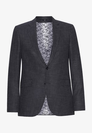 Dunkelgrauer kariertes Herren-Sakko mit zwei Knöpfen, Revers mit Kerbe, Pattentaschen und floral gemustertem Innenfutter.