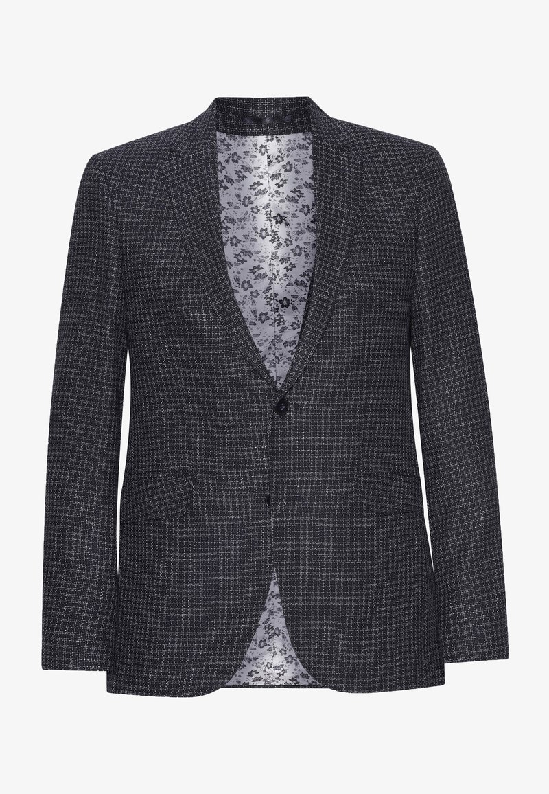 Blazer homme gris foncé à carreaux avec deux boutons, revers crantés, poches à rabat et doublure intérieure à motif floral.