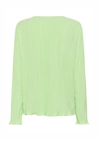 Jasnozielona bluzka z długim rękawem o plisowanej fakturze. Okrągły dekolt i miękki, lekki materiał. Brzeg jest lekko zgromadzony na dole.