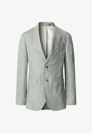 Lichtgrijs linnen herenblazer met twee knopen, inkeping revers, klepzakken en een borstzak met paspel, voorkant zichtbaar tegen een witte achtergrond.