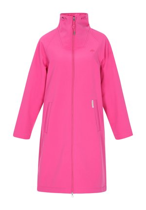 Helles rosa Kapuzenshirt mit einem durchgehenden Reißverschluss auf der Vorderseite, seitlichen Taschen und einer glatten Textur. Verfügt über einen hohen Kragen und Raglanärmel für eine bequeme Passform.