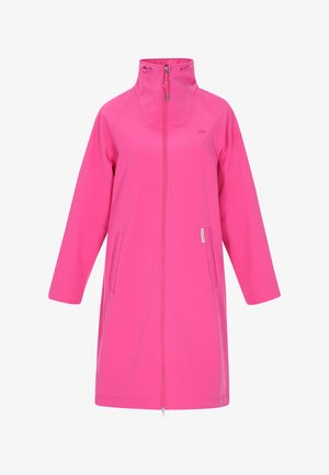 Helles rosa Kapuzenshirt mit einem durchgehenden Reißverschluss auf der Vorderseite, seitlichen Taschen und einer glatten Textur. Verfügt über einen hohen Kragen und Raglanärmel für eine bequeme Passform.