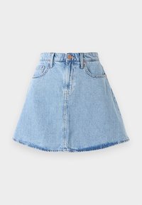 Hellblauer Jeansrock mit ausgestellter A-Linie, ausgestattet mit einem Bund, vorderen Nähten, zwei Taschen und einem rohen Saumdetails.