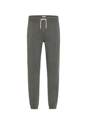 Grå sweatpants lavet af blødt stof, med elastisk talje, ribbede manchetter og et afslappet design med en glat overflade.