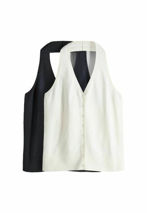 Deux gilets sans manches boutonnés, un blanc devant et un noir derrière, tous deux avec un col en V profond et un style dos nageur.