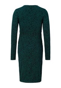 Sukienka z długim rękawem wykonana z ciemnozielonej tkaniny z czarnym wzorem liści. Dopasowany krój z okrągłym dekoltem i długością do kolan.