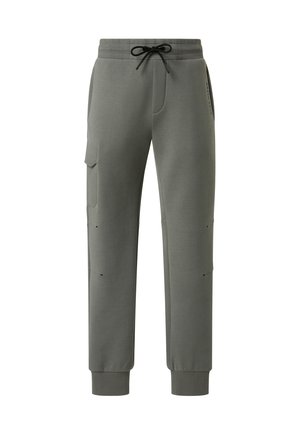 Pantalones de chándal verdes con cintura elástica, cordón ajustable, bolsillos laterales, puños acanalados y detalles de costura sutiles en los lados.
