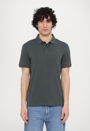 Dark gray polo shirt with a buttoned collar, short sleeves, and a textured finish. Features a subtle EA7 logo on the chest.