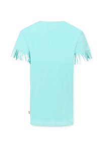 T-shirt azzurro chiaro con maniche corte, caratterizzato da dettagli di frange lungo i orli delle maniche e un fit rilassato. Tessuto di cotone morbido.