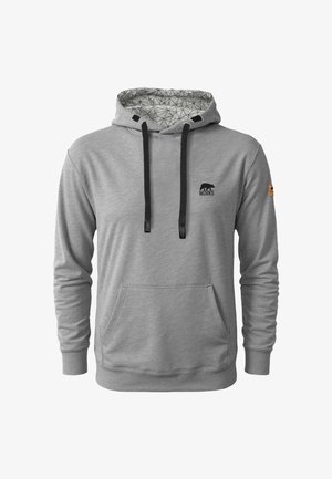 Grijze hoodie met een voorzak, zwarte trekkoorden en een logo op de borst. De binnenvoering heeft een geometrisch patroon. Comfortabele stof.