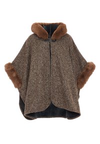 Brun tweedponcho med en huva och manschetter fodrade med päls. Har en spänneknäppning och en mjuk, texturerad inredning för komfort.