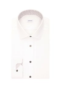 Witte dressshirt met een contrasterende bloemenpatroon kraag en binnenmanchet, voorzien van zwarte knopen en een borstzak aan de linkerkant.