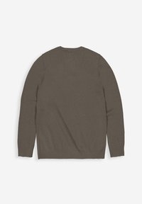 Brauner Strickpullover mit langen Ärmeln, rundem Ausschnitt und gerippten Bündchen am unteren Saum. Minimalistisches Design ohne zusätzliche Details.