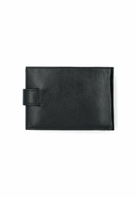 Czarny skórzany portfel o gładkiej fakturze, prostokątnym kształcie i bezpiecznym zapięciu na klapkę. Minimalistyczny design bez widocznych elementów metalowych.