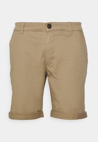 Šedohnědé bavlněné kraťasy s ohrnutými manžetami, předním zapínáním na knoflík a poutky na opasek; hladká textura; bez viditelných vzorů nebo ozdob.