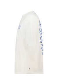 White cotton t-shirt with blue graphic illustrations along the left sleeve and chest. Classic crew neckline, short sleeves, regular fit.