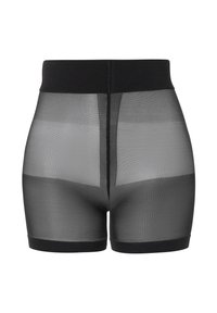 Czarne, przezroczyste, wysokie szorty z gładkim pasem, o przezroczystej siatkowej teksturze i dopasowanym kroju.