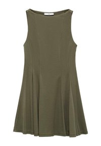 Rochie fără mâneci de culoare verde măsliniu, cu fustă evazată, având detalii din panouri și decolteu rotund, potrivită atât pentru ocazii casuale, cât și formale.