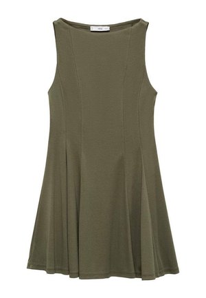 Robe sans manches verde olive avec une jupe évasée, présentant des détails en panneaux et un col rond, convenant pour un usage décontracté ou formel.