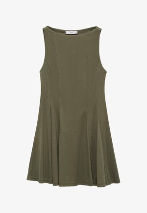 Olivgrön ärmlös klänning med en utsvängd kjol, med paneldetaljer och rundad halsringning, lämplig för både vardagligt och formellt bruk.