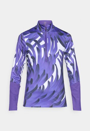 Long-sleeve performance top in purple, featuring a zip neck. The fabric has a glossy finish with a dynamic leaf-like pattern in varying shades of purple.