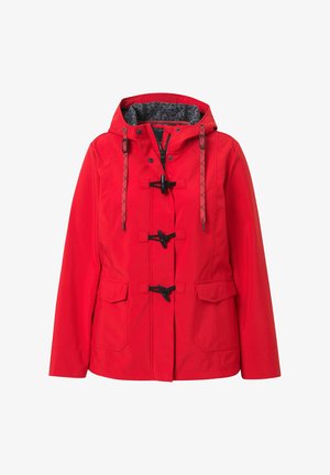 Rote wasserdichte Jacke mit Kapuze, ausgestattet mit Kordelzügen, zwei Fronttaschen und einem weichen grauen Innenfutter. Glatte äußere Textur.