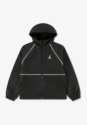 Sort hættejakke med lynlås foran, hvide piping-detaljer, to lommer, elastiske manchetter og et lille hvidt Jumpman-logo på brystet.