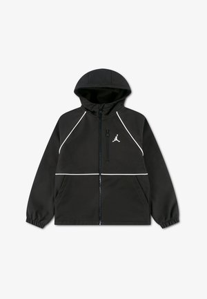 Schwarze Kapuzenjacke mit Frontreißverschluss, weißen Paspeldetails, zwei Taschen, elastischen Bündchen und einem kleinen weißen Jumpman-Logo auf der Brust.