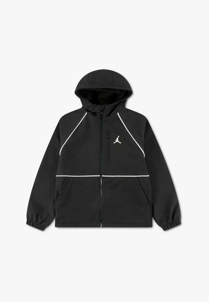 Veste à capuche noire avec fermeture éclair devant, détails passepoilés blancs, deux poches, poignets élastiques et un petit logo Jumpman blanc sur la poitrine.