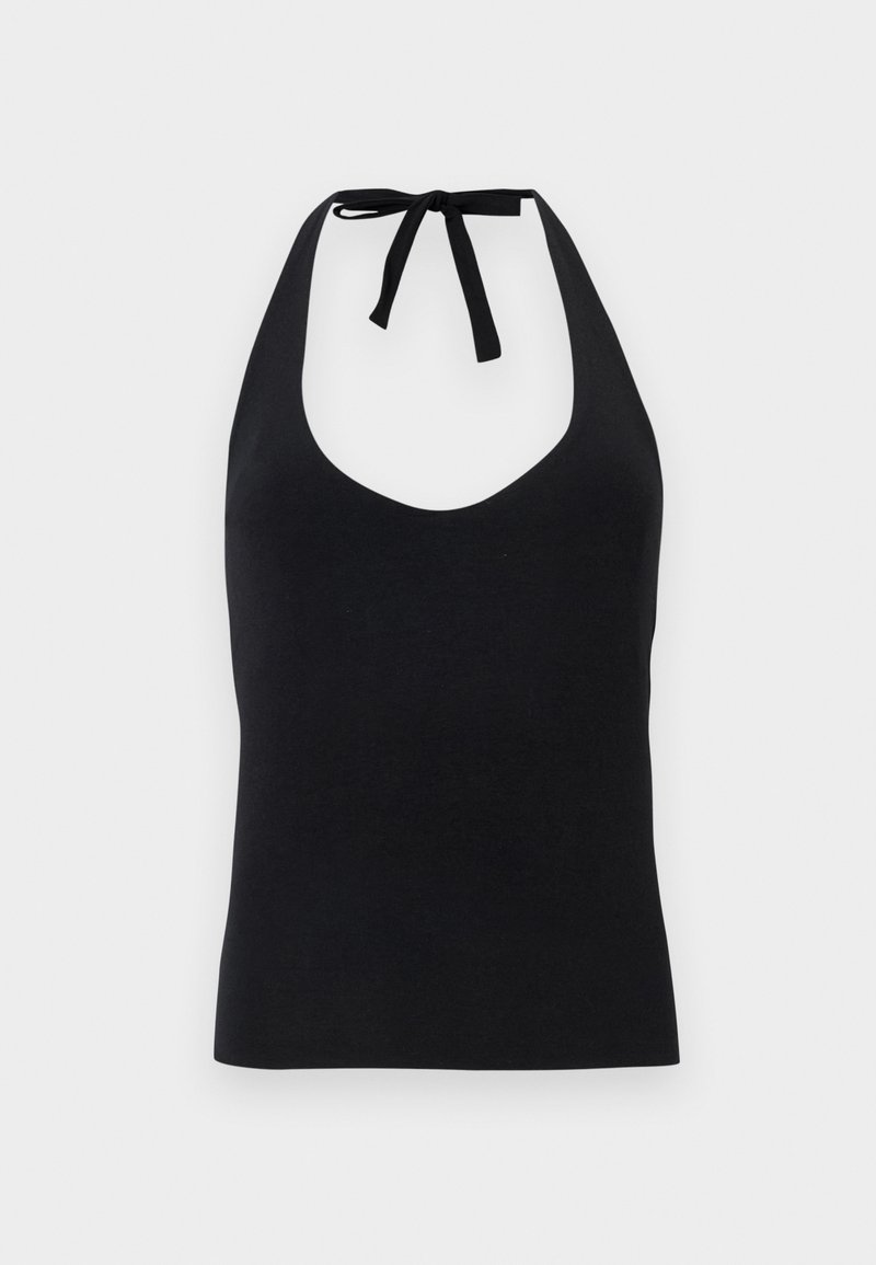 Top noir à halter en tissu lisse, présentant un décolleté en V profond et une fermeture à nouer au cou, avec une silhouette ajustée.