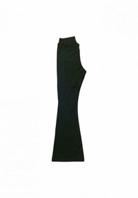 Pantaloni a palazzo neri a vita alta distesi, mostrando lunghezza completa e cintura su uno sfondo bianco.