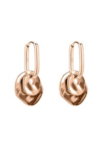 Een paar oorknopjes in roségoud met onregelmatige, glanzende, gedraaide ovale pendants die binnenin elke ring hangen.