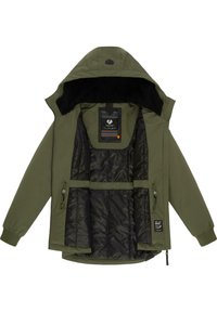 Green jacket with a hood, featuring a black fleece lining and patterned interior. Zippered pockets on the front and adjustable cuffs.