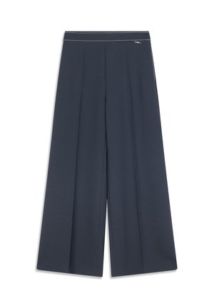 Pantalon large marine en tissu doux, avec des plis devant et un subtil accent à la taille, offrant une silhouette décontractée.