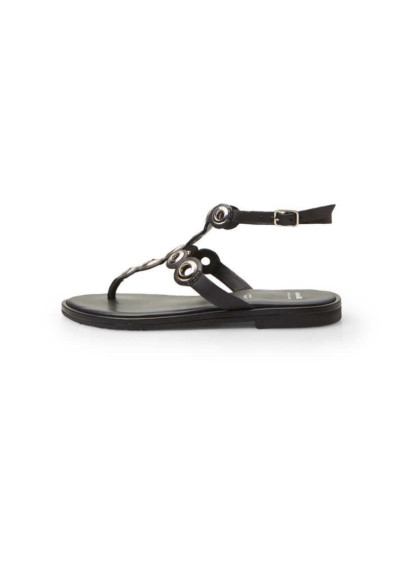 Must-haves mustad mustaed nurgas mustaed t-sanga disainiga, ringikujuliste metallaktsentidega, reguleeritava pahkluu rihmaga ja siledaga kontrastse tallaga.