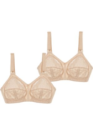 Nude farbener Spitzen-Bralette mit einem weichen Cup-Design, verstellbaren Trägern und aufwendigen Blumenmustern mit gewelltem Saum.