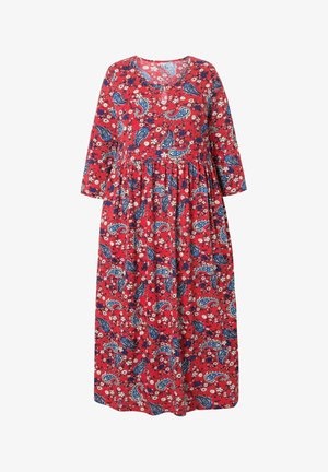 Červené květinové maxi šaty s paisley vzory, výstřihem do V, tříčtvrtečními rukávy a nařaseným pasem; vyrobené z lehkého materiálu.