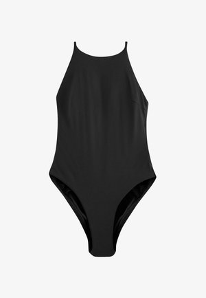 Must must ühenaine ujumistrikoo, mis on valmistatud siledast kangast. Kõrge kaelusega, õhukesed sangad ja voolav kujundus, ilma nähtavate mustrite või aksessuaarideta.