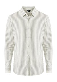 Pruhovaná košile s knoflíky v světle béžové a olivové zelené barvě. Dlouhé rukávy s knoflíkovými manžetami, klasický límec a jemná textura.