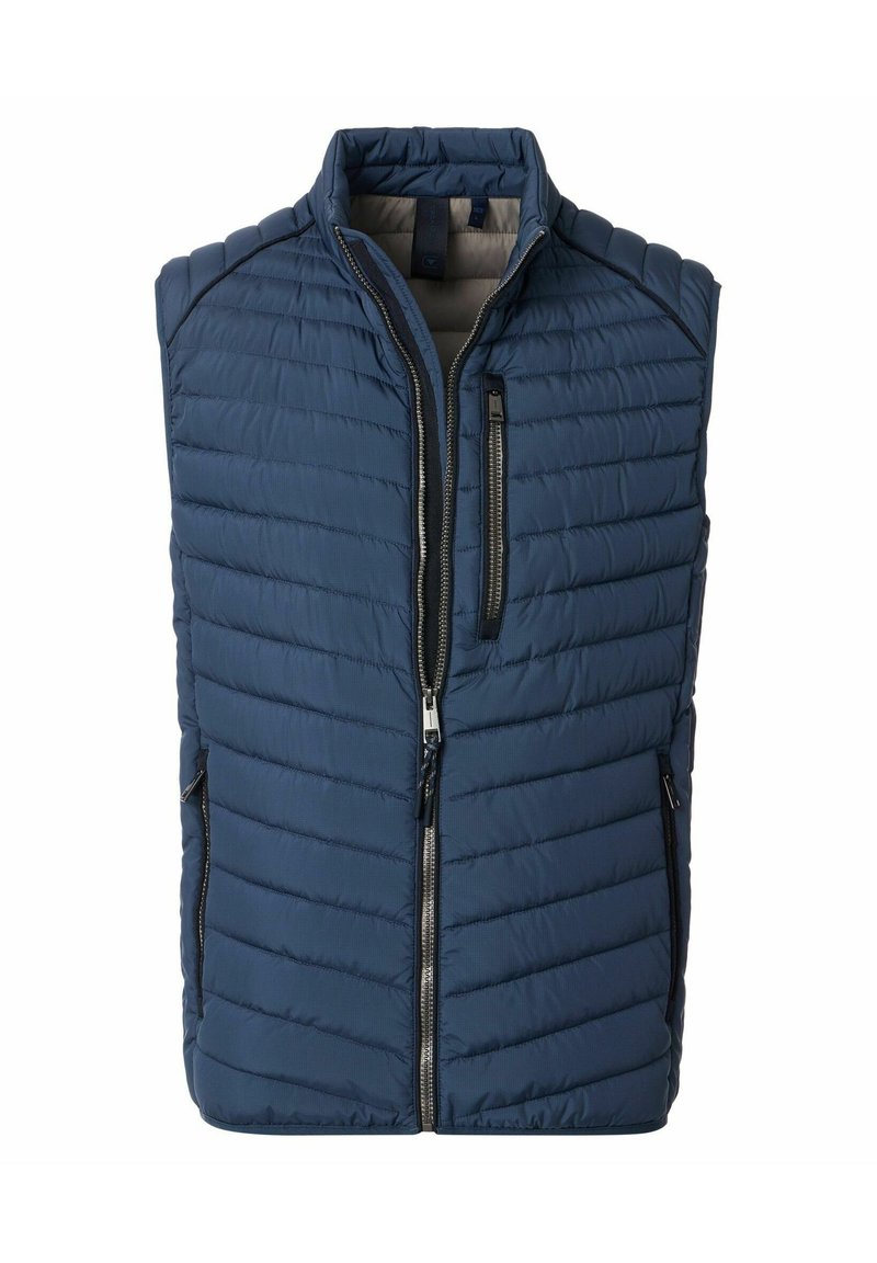 Valkoinen tikkivarustus, jossa on korkea kaulus, etuvetoketju ja kaksi sivutaskua, sisältää tyylikkäitä mustia yksityiskohtia ja pehmeän, teksturoidun pinnan.