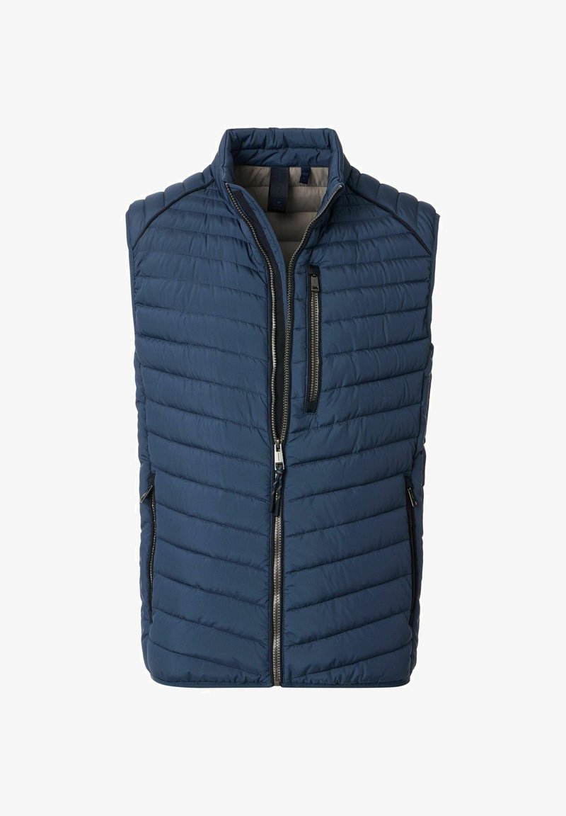 Gilet trapuntato blu navy con colletto alto, zip frontale e due tasche laterali, presenta eleganti dettagli neri e una finitura morbida e testurizzata.