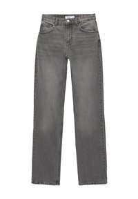 Jeans de mezclilla gris con corte recto, diseño de cinco bolsillos, textura desgastada y cierre de botón en la cintura. Sin logotipos ni patrones visibles.