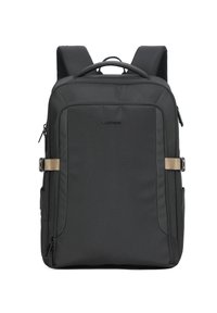 Zaino nero realizzato in nylon testurizzato con spallacci imbottiti, tasca frontale con zip e un cinturino regolabile con fibbia metallica.