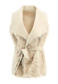 Gilet senza maniche in pelliccia sintetica beige con ampi rever e cintura coordinata annodata in vita, che evidenzia una morbida e soffice texture.