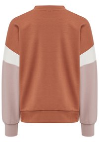 Rostfärgad sweatshirt med vita och ljusrosa accentränder på ärmarna. Mjukt material, rund hals, texturerad yta, ribbade muddarna och fållen.