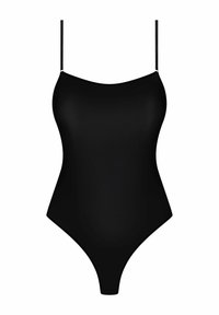 Maillot de bain une pièce noir avec des bretelles fines et ajustables, un décolleté arrondi et une jambe haute. Texture mate lisse, design minimaliste et sans motifs.