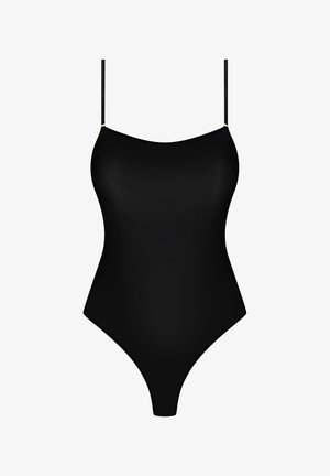 Maillot de bain une pièce noir avec des bretelles fines et ajustables, un décolleté arrondi et une jambe haute. Texture mate lisse, design minimaliste et sans motifs.