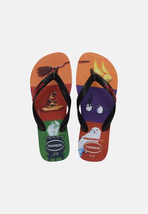 Flip-flops with black straps and colorful Harry Potter-themed designs including the Sorting Hat, broomstick, glasses, owl, and golden snitch.